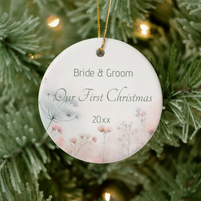 Delicate Queen Anne's Lace Wedding First Christmas Keramik Ornament (Baum)