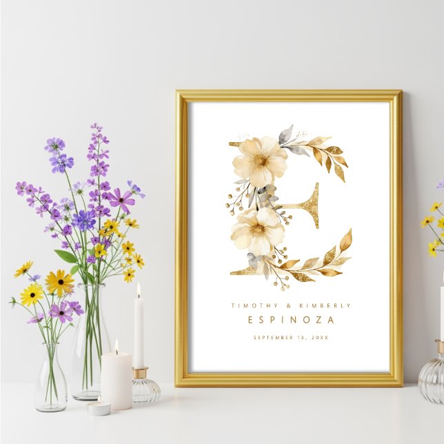 Delicate Romantic Floral E Letter Gold Glitter Poster (Delicate Romantic Floral E Letter in Gold Glitter Effect Posters Decor for Couples. )