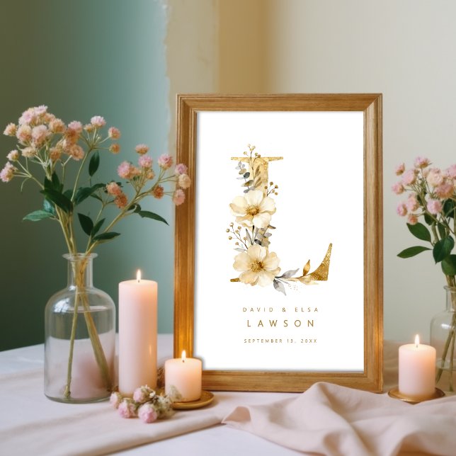 Delicate Romantic Floral E Letter Gold Glitter Poster (Delicate Romantic Floral E Letter in Gold Glitter Effect Posters Decor for Couples.)