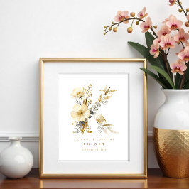 Delicate Romantic Floral K Letter Gold Glitter Poster