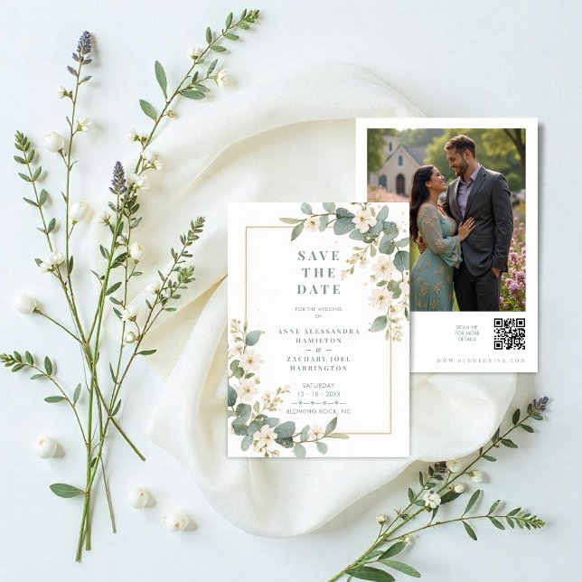Delicate Romantic Flowers and Branches Wedding Save The Date (Delicate Romantic Flowers and Branches Frame Wedding Save the Date Cards with Back Photo and QR Code)