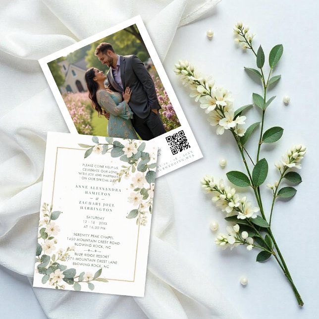 Delicate Romantic Flowers & Branches Frame Wedding Einladung (Delicate Romantic Flowers and Branches Frame Wedding Invitation Cards with Back Photo and QR Code.)
