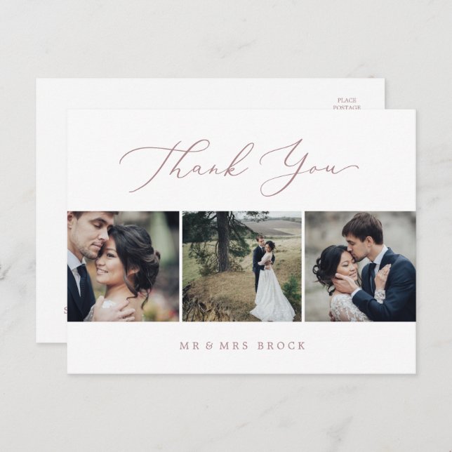 Delicate Rose Gold 3 Photo Template Thank You Postkarte (Vorne/Hinten)