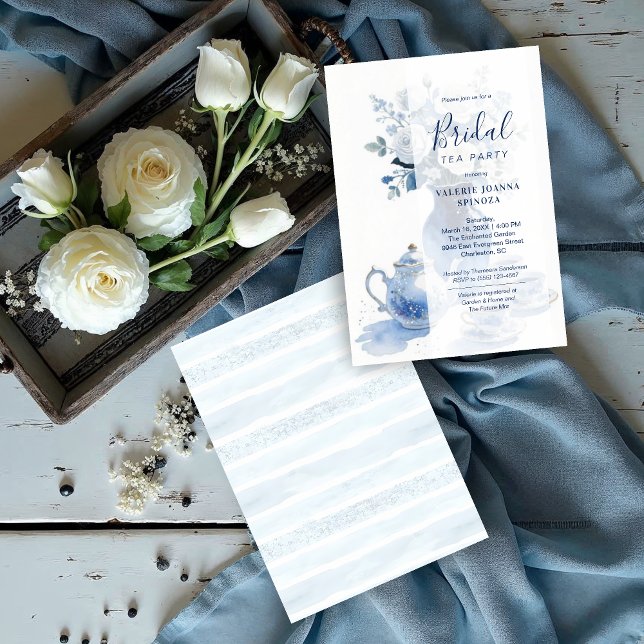 Delicate Sophisticated Blue Vintage Tea Set Einladung (Delicate Sophisticated Blue Vintage Tea Set Bridal Shower Invitations Cards. )