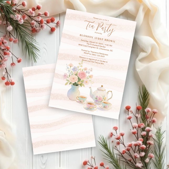 Delicate Sophisticated Pink Vintage Tea Set Einladung (Delicate Sophisticated Pink Vintage Tea Set Bridal Shower Invitations Cards. )