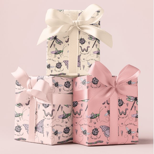 Delicate Sweet Little Critter Feminine Rosa Geschenkpapier Set (An adorable, feminine BLUSH PINK Insect Wrapping Paper pattern for baby girls or mothers-to-be :))