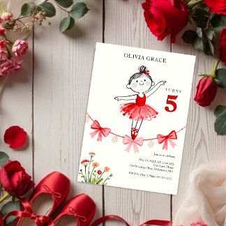 Delicate Sweet Red Ballet Girl Birthday LPM26 Einladung