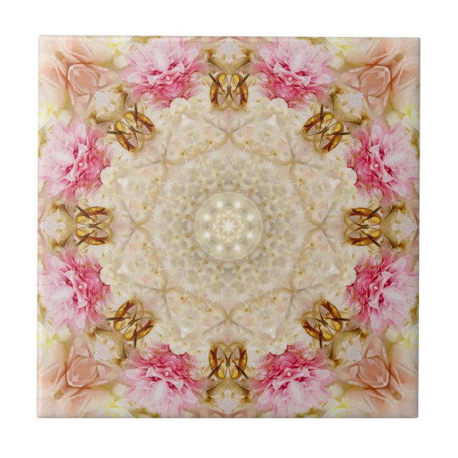 Delicate Taupe & Pink Mandala Design Keramik Tile, Fliese (Vorderseite)