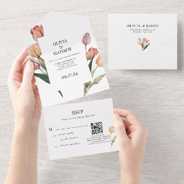 Delicate Tulip Watercolor Wedding QR Code UAwg All In One Einladung