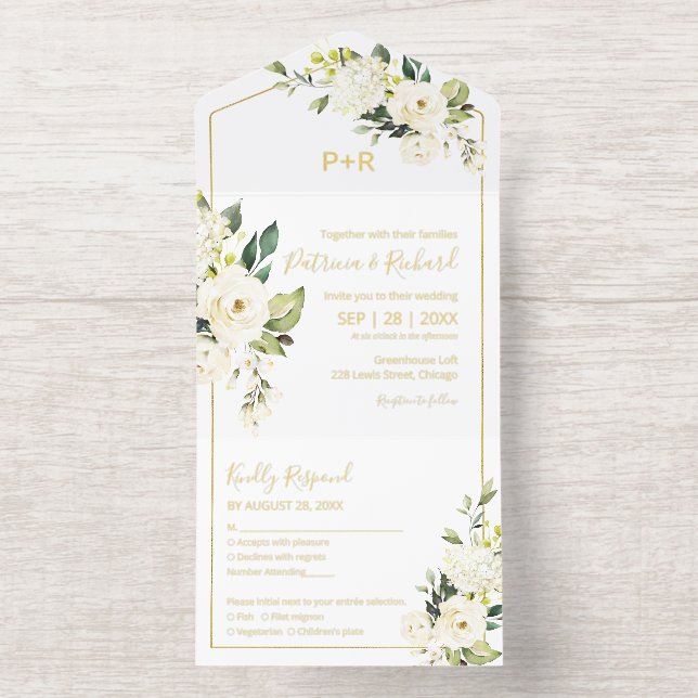Delicate White Cream Floral Elegant Wedding All-in-One-Einladung (Innenseite)
