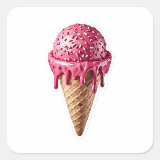 Delicious 3D Pink Strawberry Ice Cream Cone Sticke Quadratischer Aufkleber