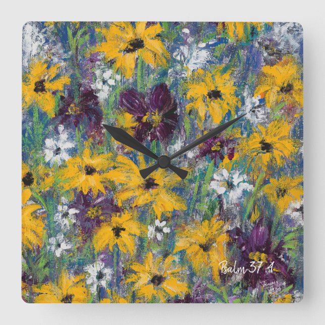 Delight Floral Wall Clock - Psalm 37:4 Quadratische Wanduhr (Vorderseite)