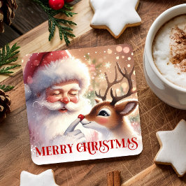 Delightful Santa and Rudolph Christmas Paper  Rechteckiger Pappuntersetzer