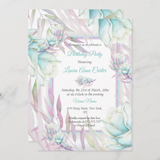 Delikate Aquamarine Lila Blumengewässer Geburtstag Einladung (Vorne/Hinten)