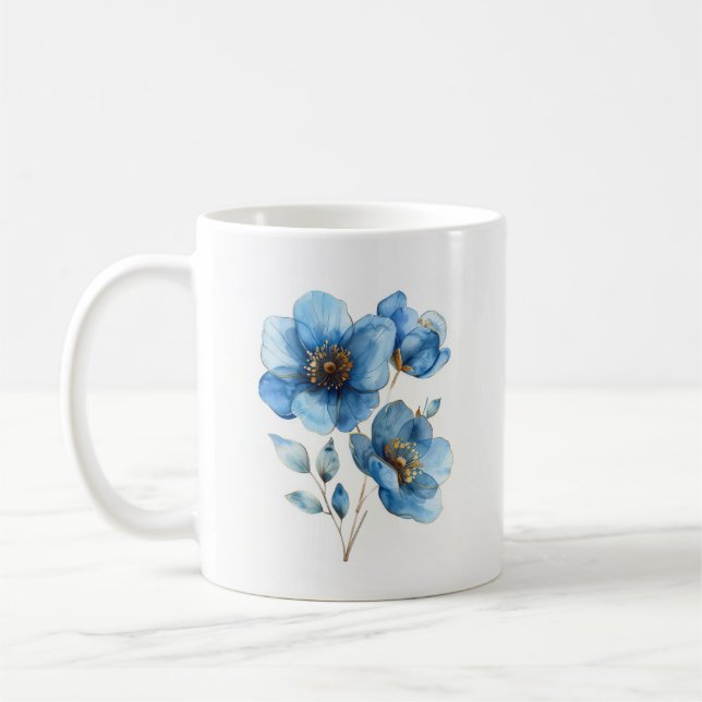 Delikate Aquarellblau-goldene Blume Kaffeetasse (Links)