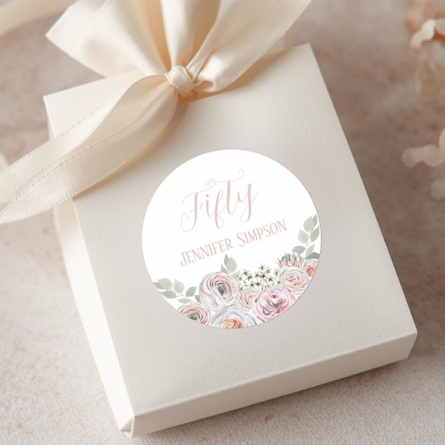 Delikate Aquarellfarben-Blume in hellrosa "Fünfzig Runder Aufkleber (Von Creator hochgeladen)