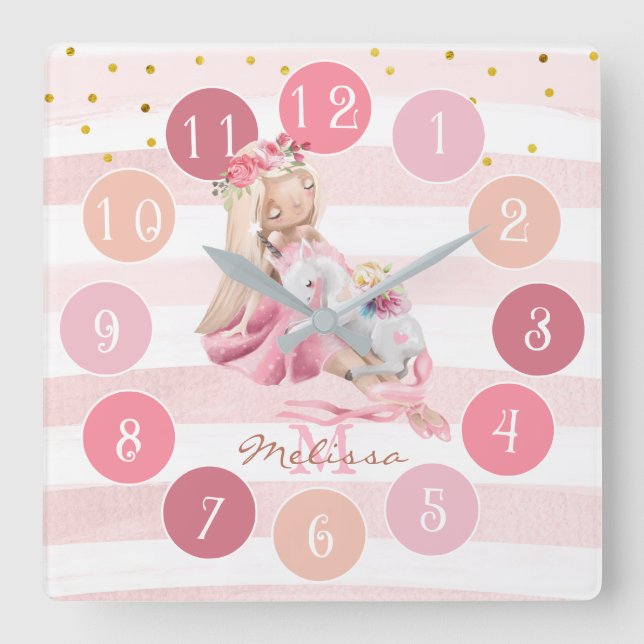 Delikate Aquarelltonröhre und Einhorn-Monogramm Quadratische Wanduhr (Vorderseite)