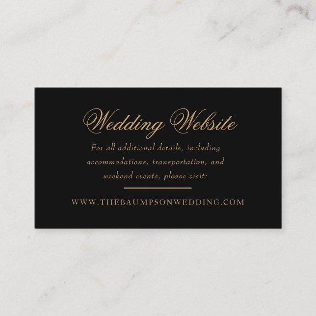 Delikate Black and Gold Script Webseite für Hochze Begleitkarte (Vorderseite)
