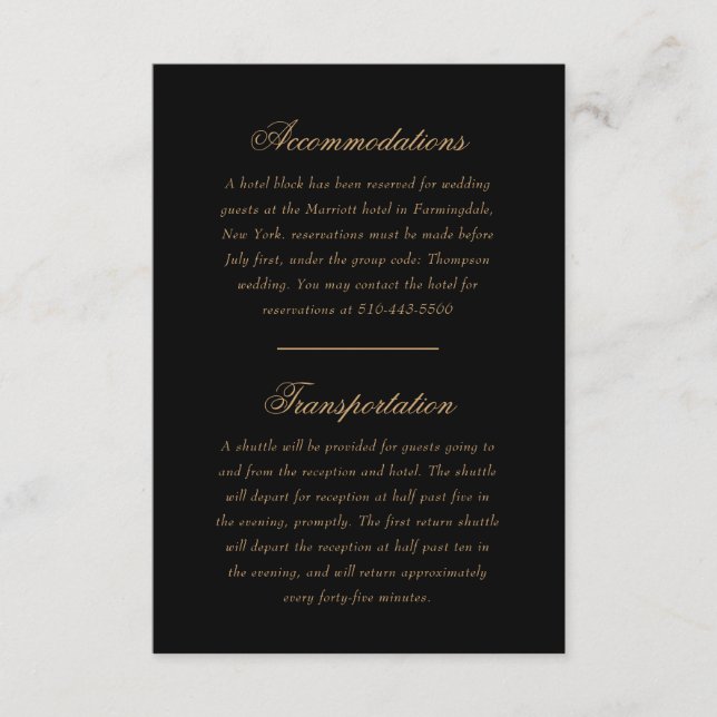 Delikate Black and Gold Script Wedding Direction Begleitkarte (Vorderseite)