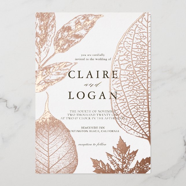 Delikate Blätter Hochzeit Folieneinladung (Vorderseite)