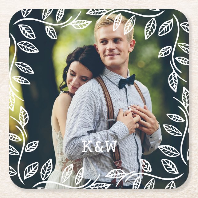 Delikate Blätter rahmen Mit Monogramm Foto Rechteckiger Pappuntersetzer (Vorderseite)