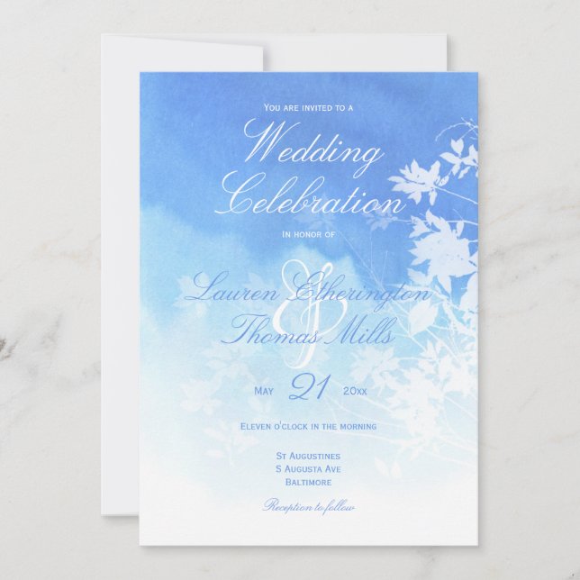 Delikate Blue Watercolor Hochzeit Einladung (Vorderseite)
