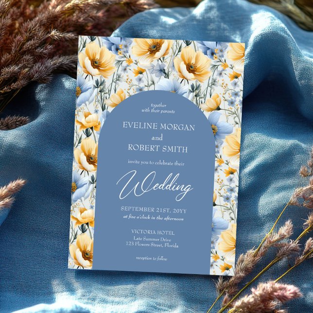 Delikate Boho-Blume Einladung (elegant light pastel blue and yellow wild flowers wedding invitation)