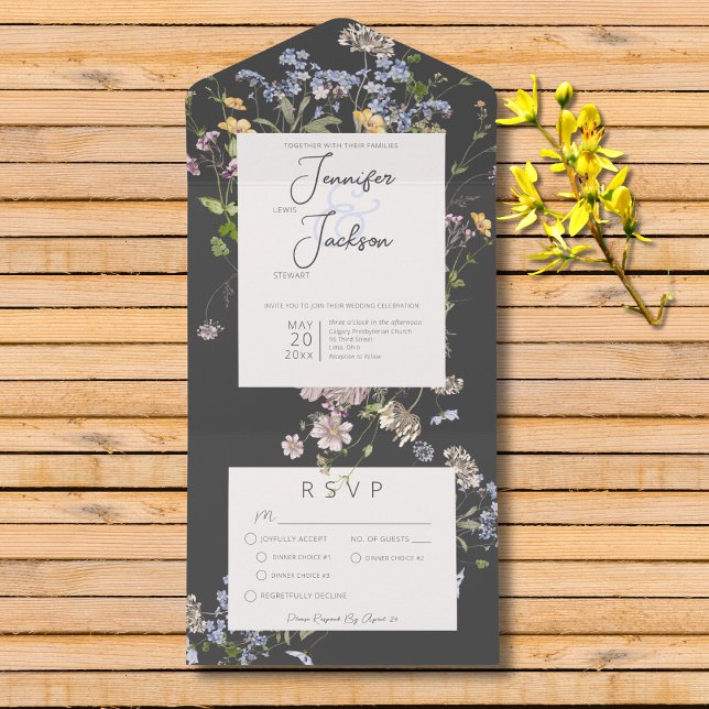 Delikate Boho Wildblumen Abendessen mit Kohle All In One Einladung (Delicate Boho Wildflowers Charcoal Wedding All In One Invitation with Dinner Options)