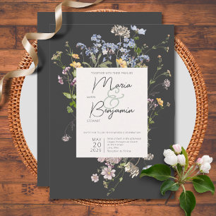 Delikate Boho Wildblumen Charcoal Wedding Einladung