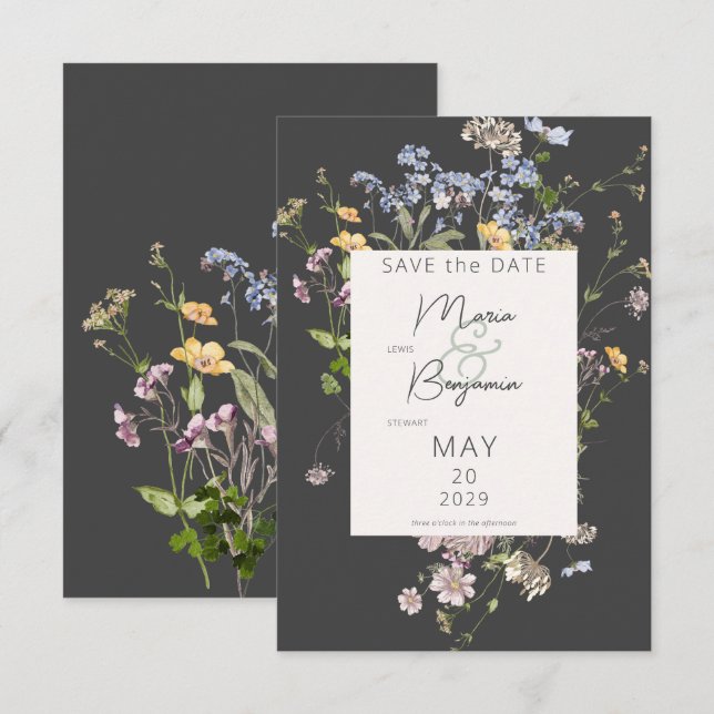 Delikate Boho Wildblumen Charcoal Wedding Save The Date (Vorne/Hinten)