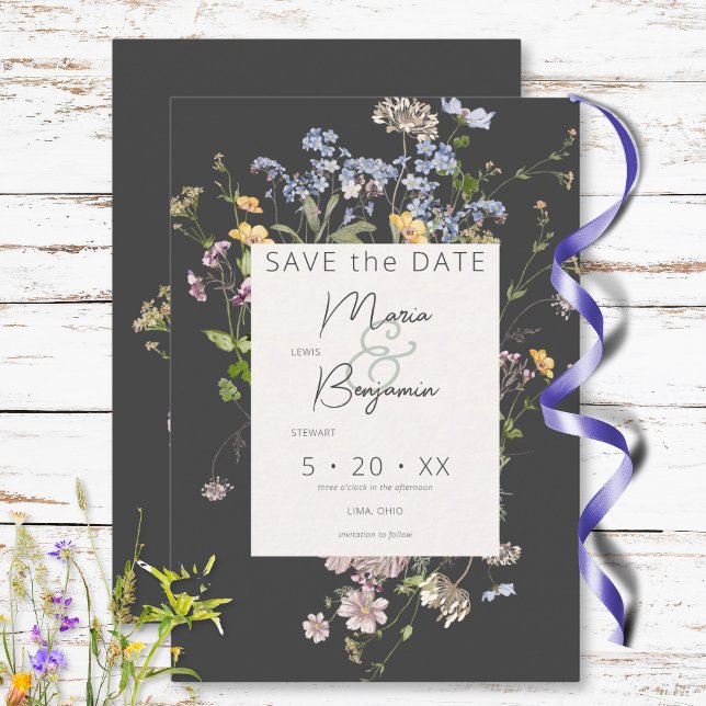Delikate Boho Wildblumen Charcoal Wedding Save The Date (Delicate Boho Wildflowers Charcoal Wedding Save The Date)