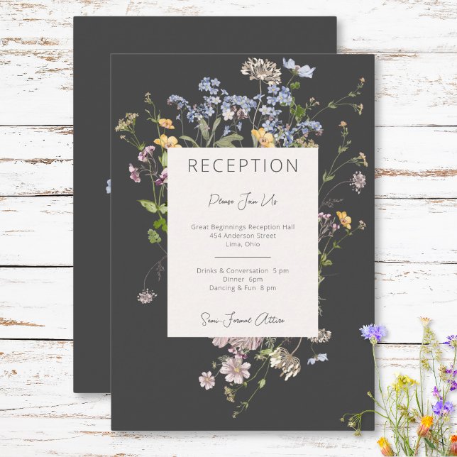 Delikate Boho Wildblumen Empfang Begleitkarte (Delicate Boho Wildflowers Charcoal Reception Enclosure Card)