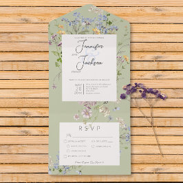 Delikate Boho Wildblumen feiern grünes Abendessen All In One Einladung