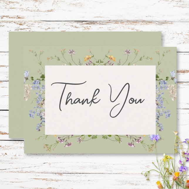 Delikate Boho Wildblumen Grüne Hochzeit Dankeskarte (Delicate Boho Wildflowers Green Wedding Thank You Card)