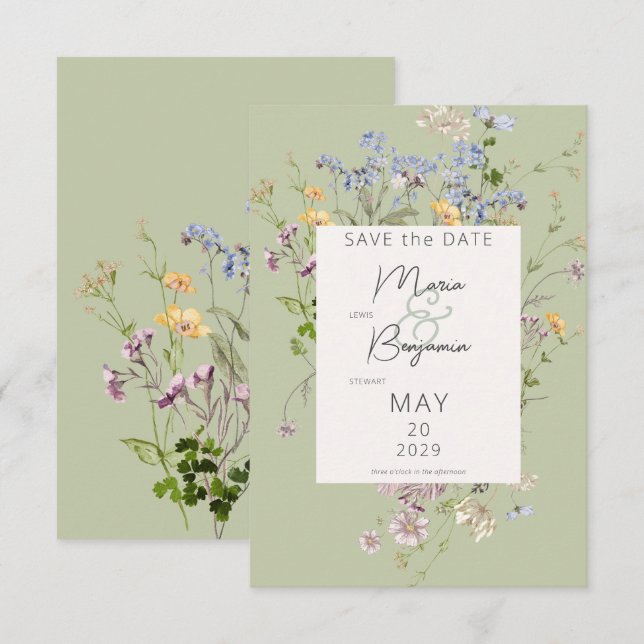 Delikate Boho Wildblumen Grüne Hochzeit Save The Date (Vorne/Hinten)