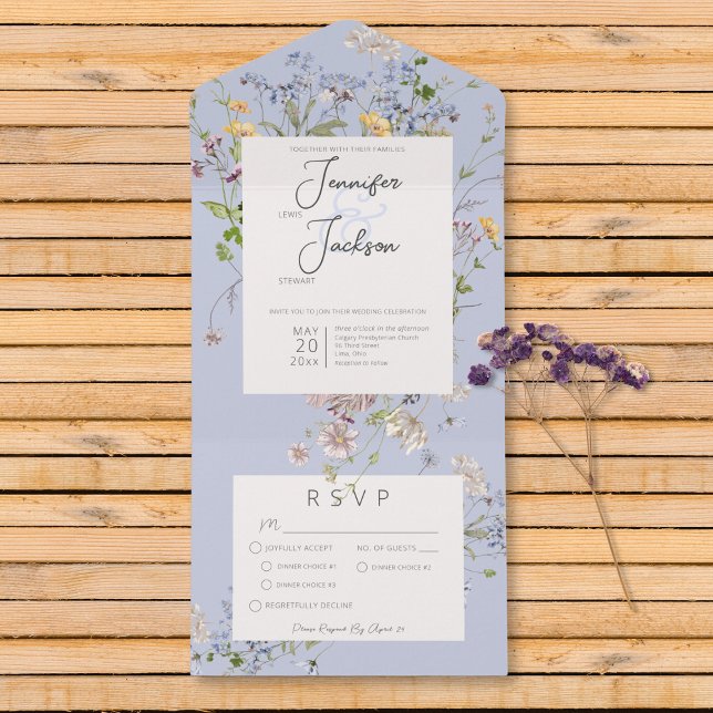 Delikate Boho Wildblumen Periwinkle Abendessen All In One Einladung (Delicate Boho Wildflowers Periwinkle Dinner All In One Invitation)