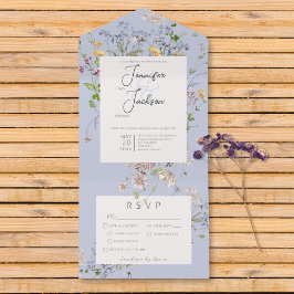 Delikate Boho Wildblumen Periwinkle Abendessen All In One Einladung