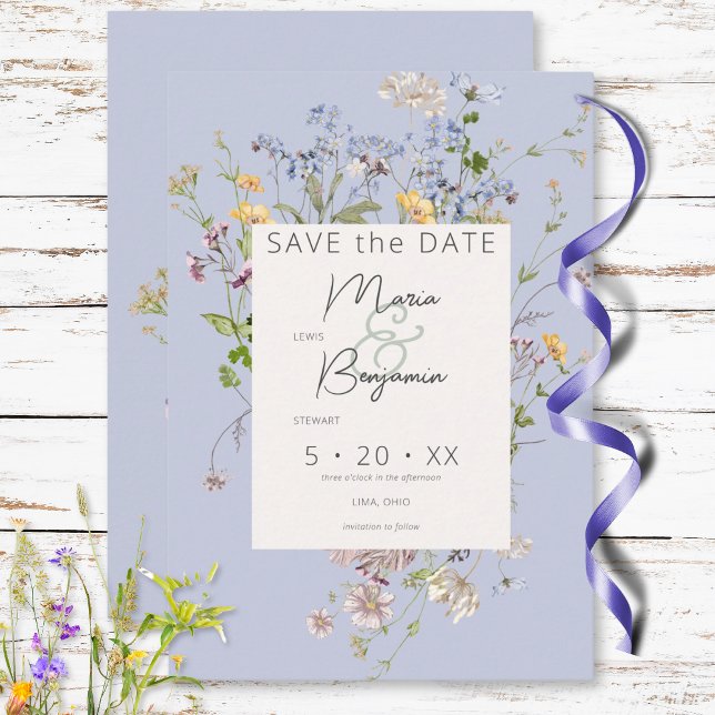 Delikate Boho Wildblumen Periwinkle Wedding Save The Date (Delicate Boho Wildflowers Periwinkle Wedding Save The Date)