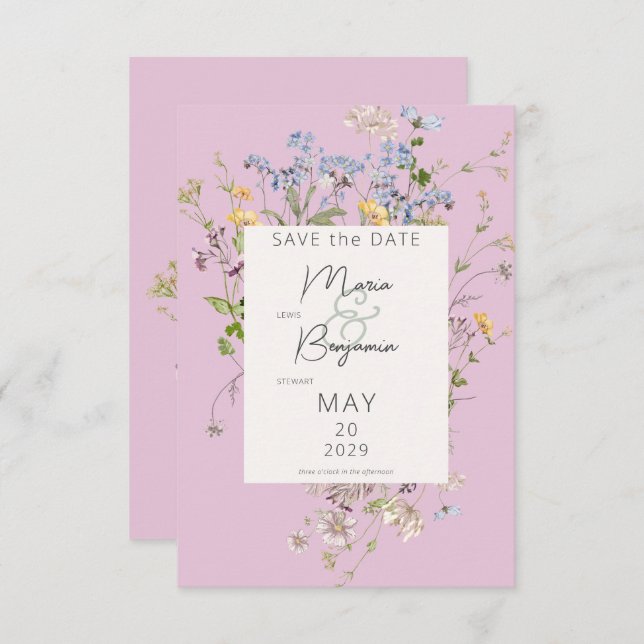 Delikate Boho Wildblumen Pink Wedding Save The Date (Vorne/Hinten)
