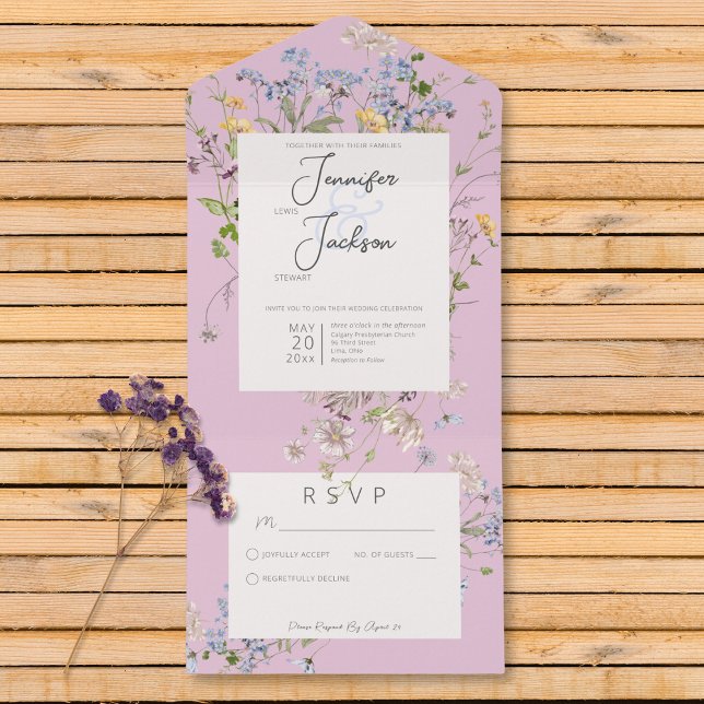 Delikate Boho Wildblumen Rosa Kein Abendessen All In One Einladung (Delicate Boho Wildflowers Pink No Dinner All In One Invitation)