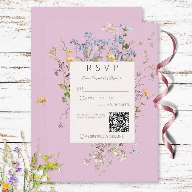 Delikate Boho-Wildblumen Rosa QR-Code RSVP Karte (Delicate Boho Wildflowers Pink QR Code RSVP Card)