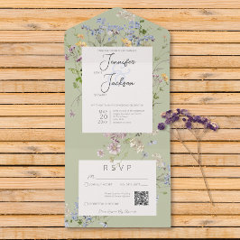Delikate Boho-Wildblumen setzen grünen QR-Code All In One Einladung