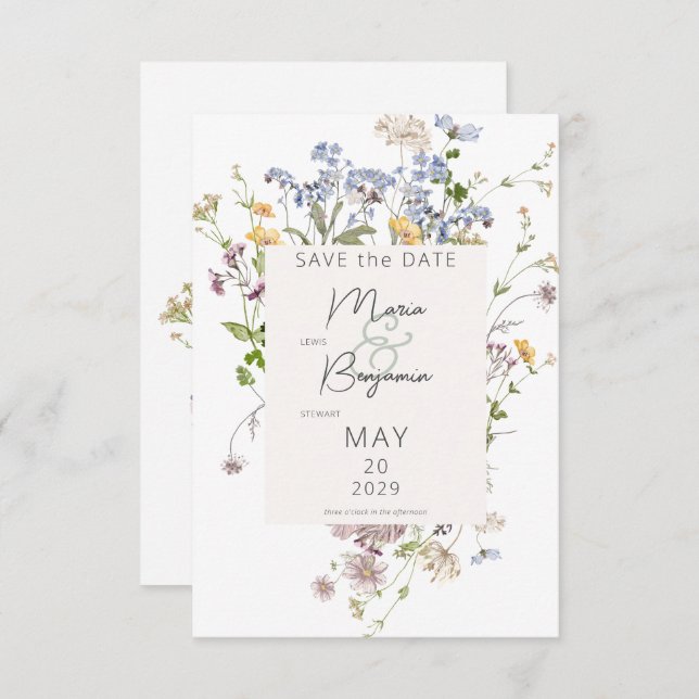Delikate Boho Wildblumen White Wedding Save The Date (Vorne/Hinten)