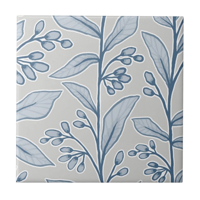 Delikate Botanische Reverie L1 Grau White Blue Pfl Fliese (Vorderseite)