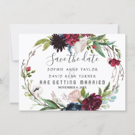 Delikate Burgundy Blue Floral Wreath Save the Date