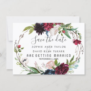 Delikate Burgundy Blue Floral Wreath Save the Date