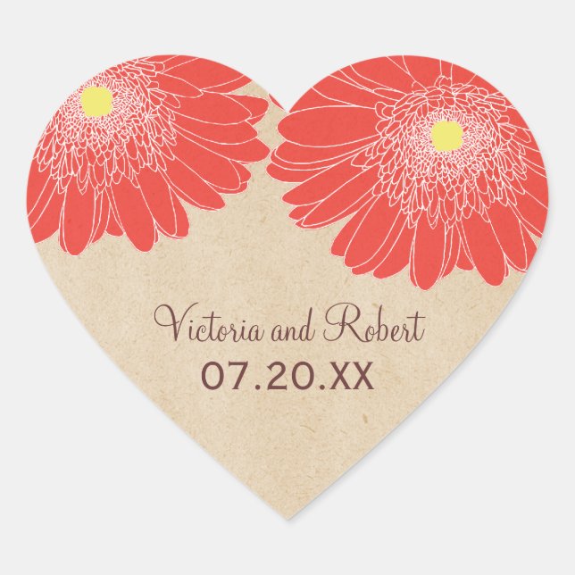 Delikate Daisies Hochzeitsticker, Rot Herz-Aufkleber (Vorderseite)