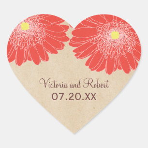 Delikate Daisies Hochzeitsticker, Rot Herz-Aufkleber