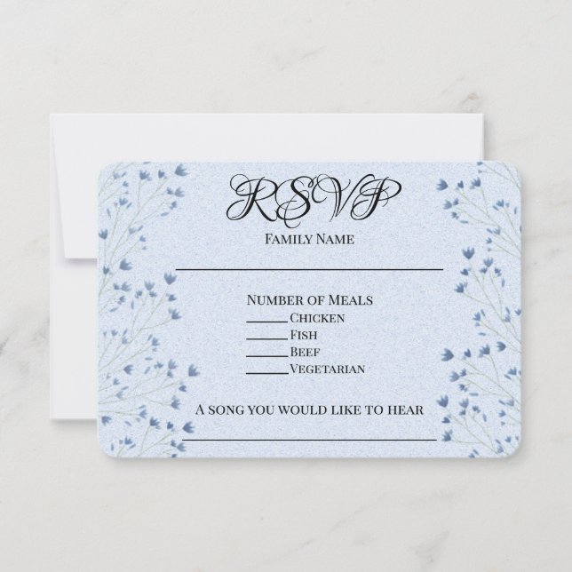 Delikate dunkelblaue Wildblumen Hochzeit RSVP Karte (Vorderseite)