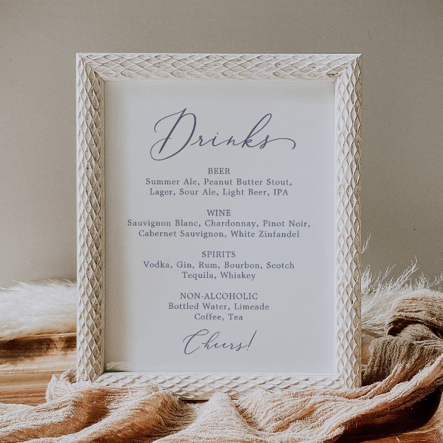 Delikate Dusty Blue Wedding Drink Menü Schild (Von Creator hochgeladen)